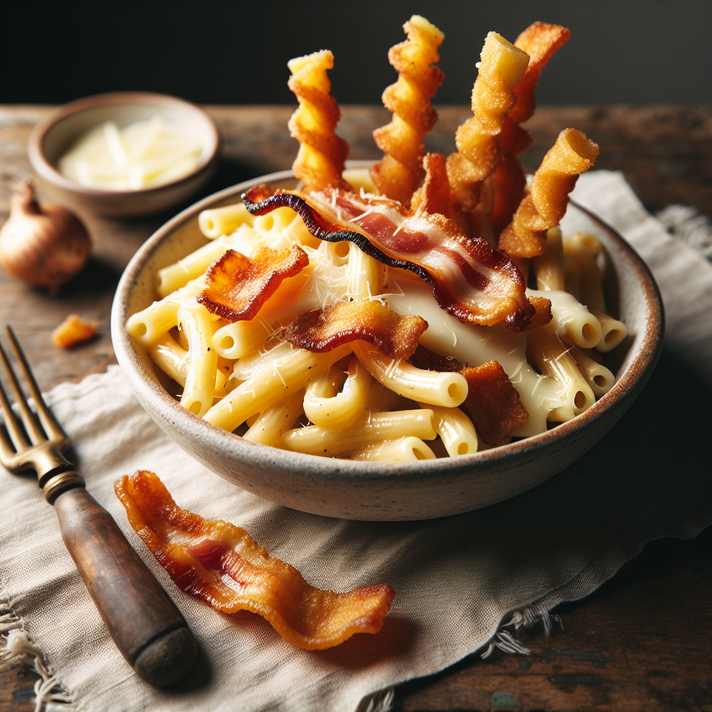 Pasta patate, provola e stick di guanciale